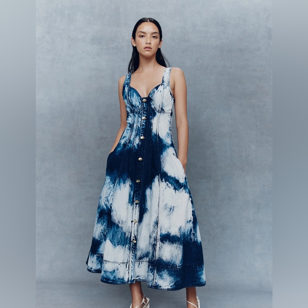 Aje Blue and White Tie-Dye Midi Dress